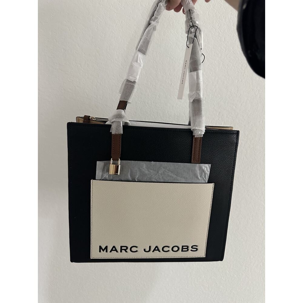 Marc Jacobs The Black Color Block Pebbled Leather Shopper Tote Handbag